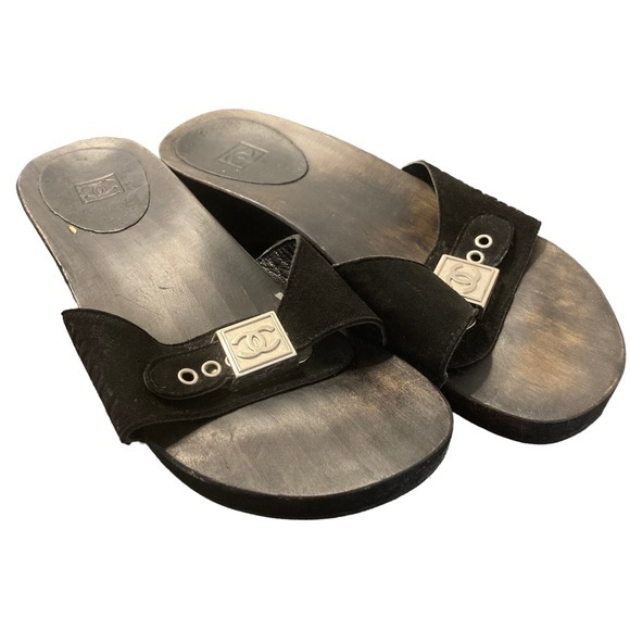 Vintage Chanel Sandals Black CC Mules Wooden Clogs Size 37 - Picture 5 of 8